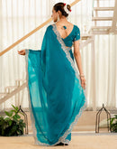 Turquoise Blue Shimmer Embroidery Saree