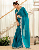 Turquoise Blue Shimmer Embroidery Saree