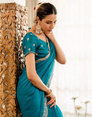 Turquoise Blue Shimmer Embroidery Saree