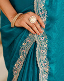 Turquoise Blue Shimmer Embroidery Saree