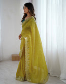 Lime Green Tissue Silk Sequence Embroidery Saree