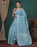 Turquoise Blue Chanderi Woven Saree