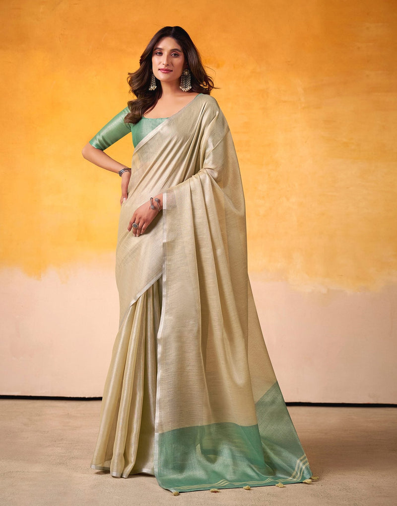 Beige Tissue Silk Woven Plain Saree