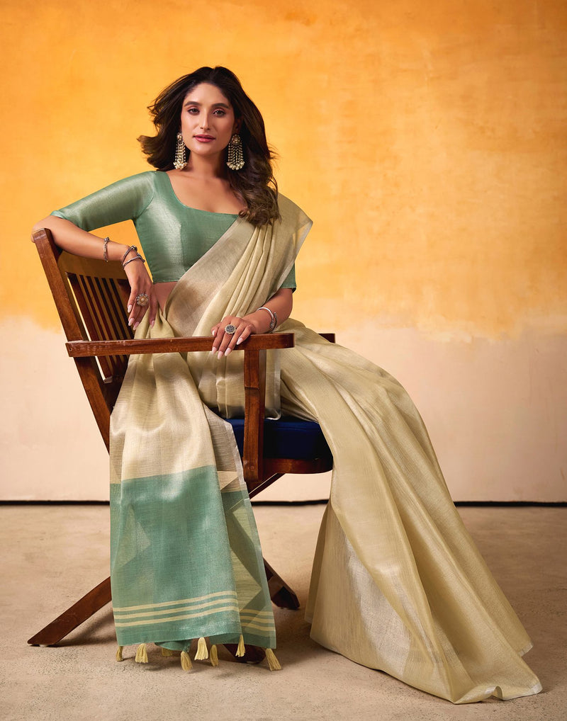 Beige Tissue Silk Woven Plain Saree