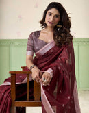 Maroon Linen Silk Woven Saree