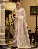 Baby Pink Satin Woven Banarasi Saree