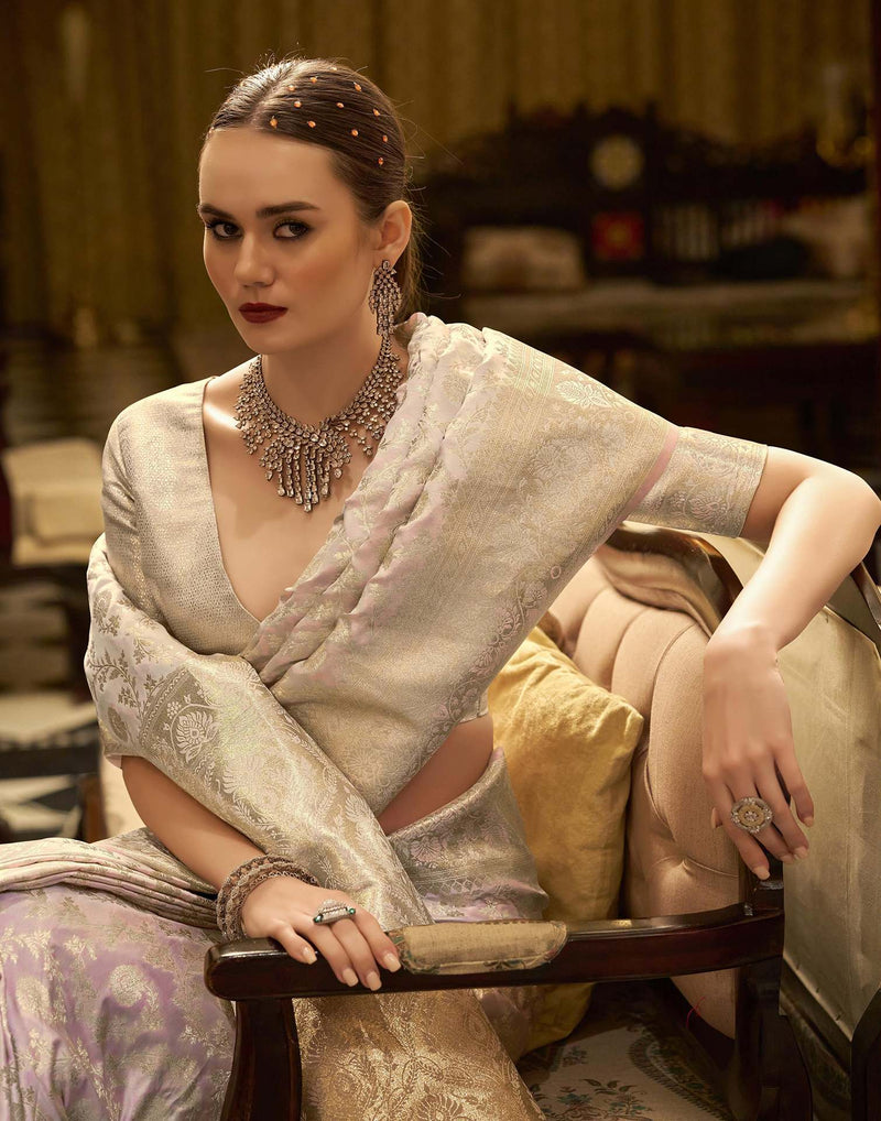 Baby Pink Satin Woven Banarasi Saree