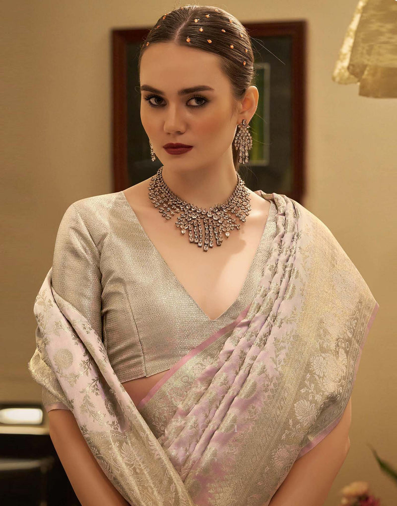 Baby Pink Satin Woven Banarasi Saree