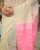 Cream. Pink Linen Woven Saree