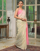 Cream. Pink Linen Woven Saree