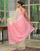Cream. Pink Linen Woven Saree