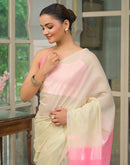 Cream. Pink Linen Woven Saree