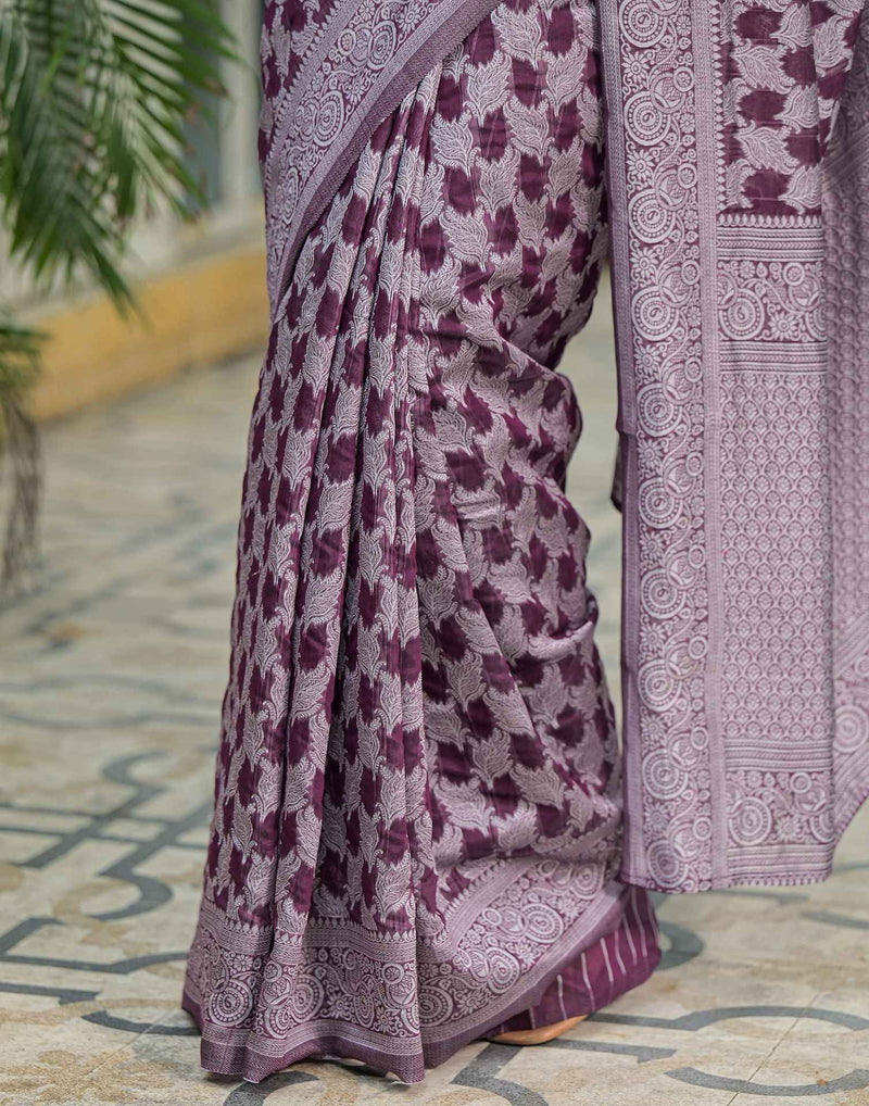 Wine Silk Woven Saree