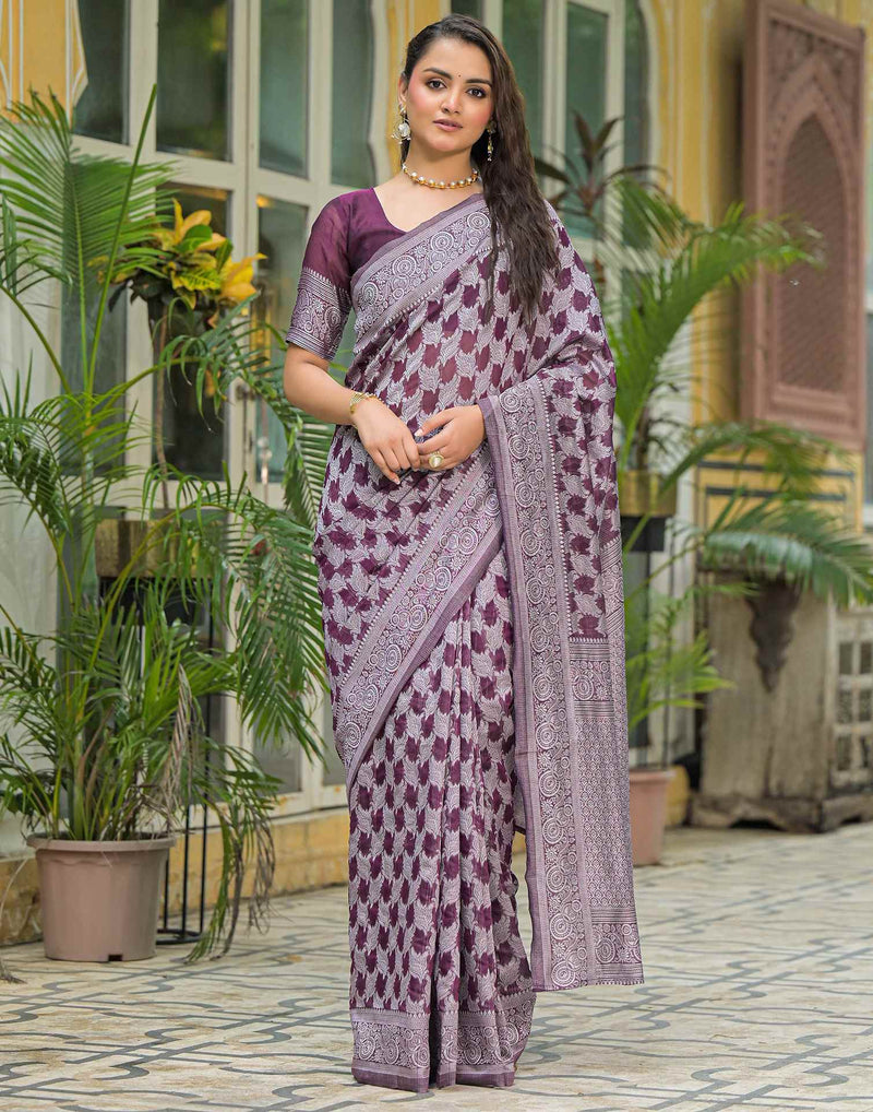 Wine Silk Woven Saree