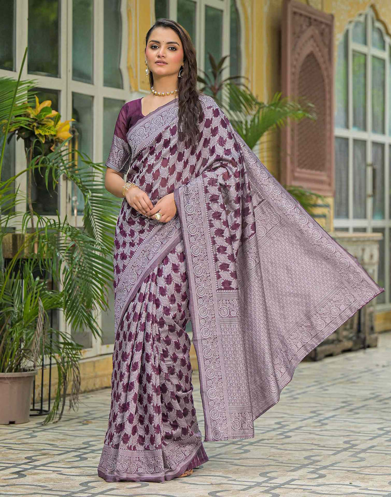 Wine Silk Woven Saree