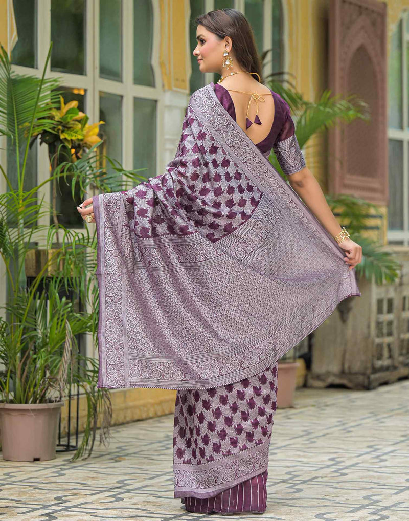 Wine Silk Woven Saree