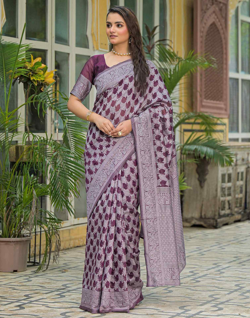 Wine Silk Woven Saree