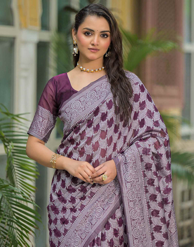Wine Silk Woven Saree