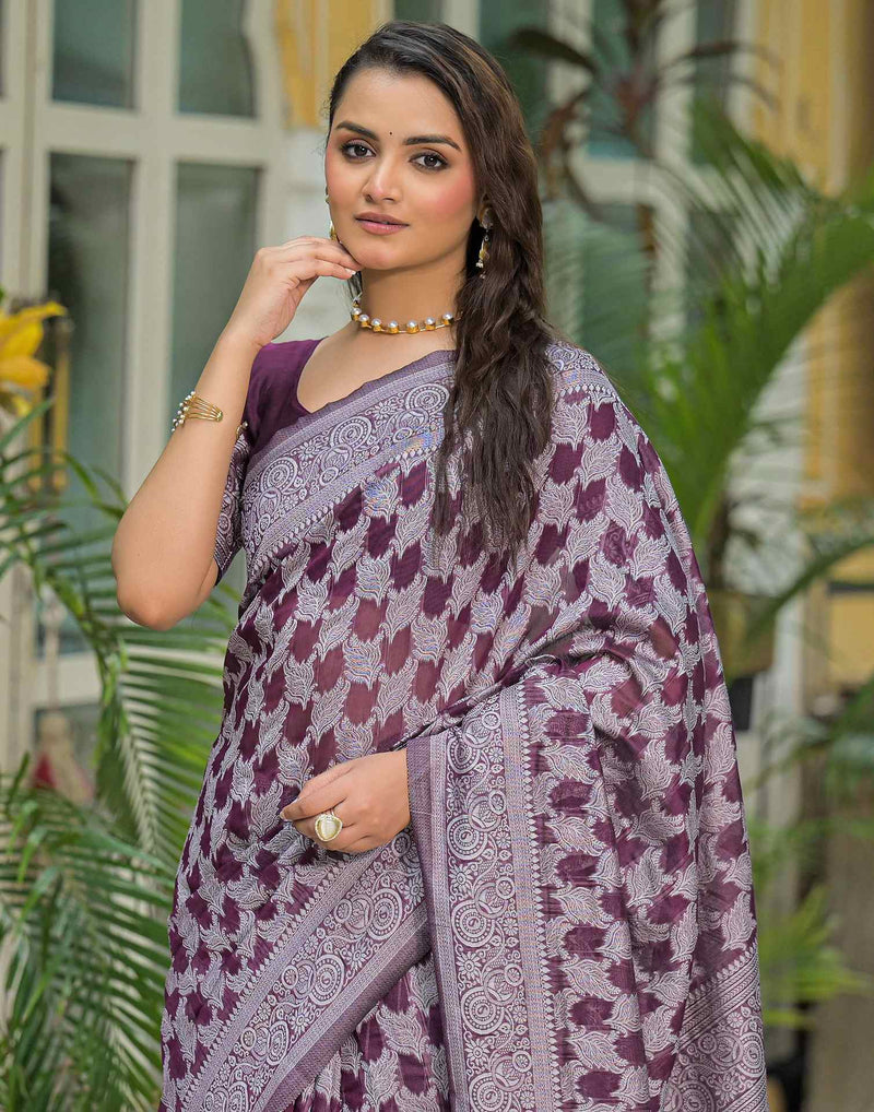 Wine Silk Woven Saree