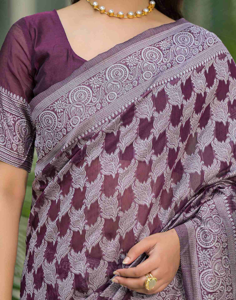 Wine Silk Woven Saree