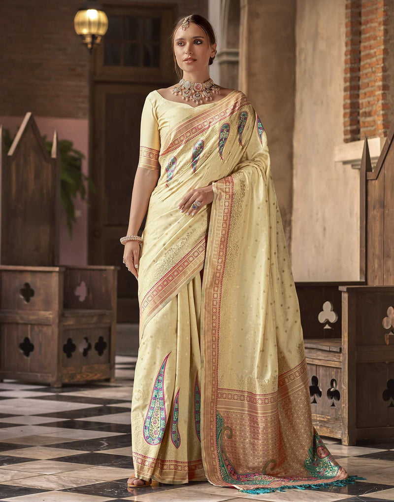 Beige Silk Woven Saree