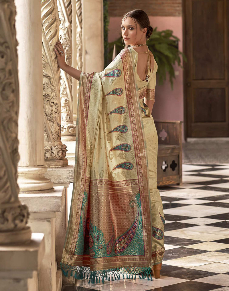 Beige Silk Woven Saree