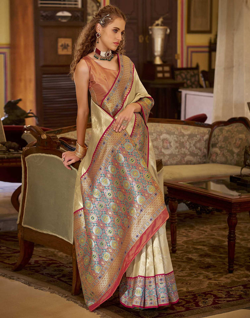 Beige Tissue Silk Woven Banarasi Saree