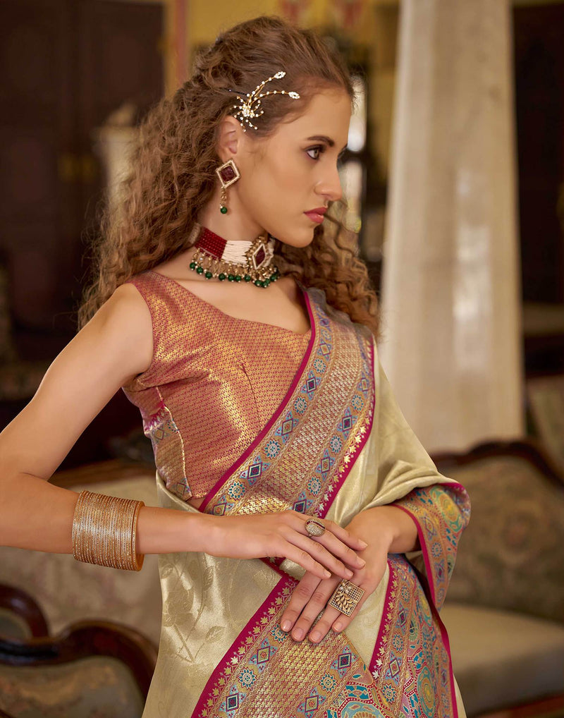 Beige Tissue Silk Woven Banarasi Saree