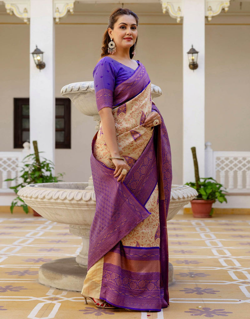 Beige Silk Woven Banarasi Saree