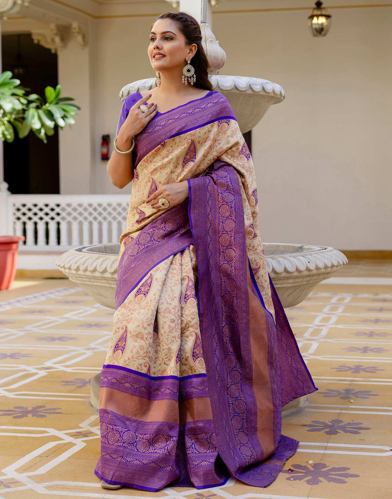 Beige Silk Woven Banarasi Saree