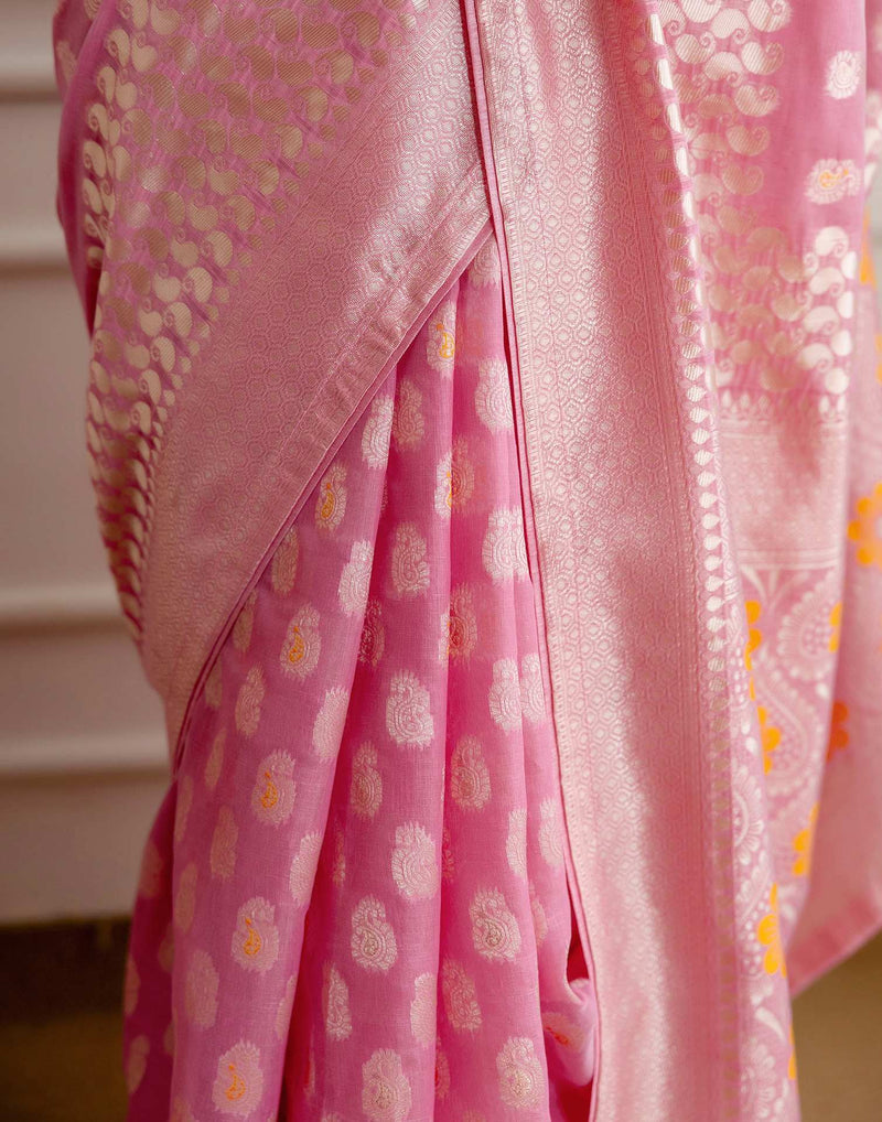 Baby Pink Chanderi Woven Saree