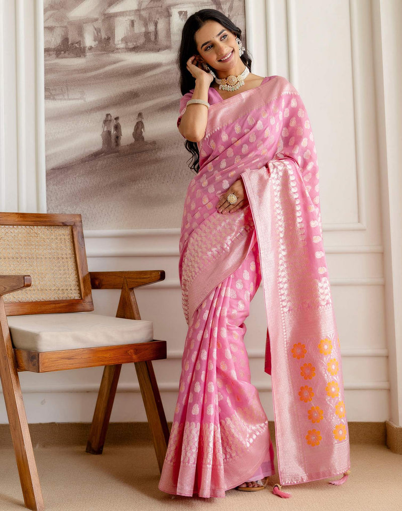 Baby Pink Chanderi Woven Saree