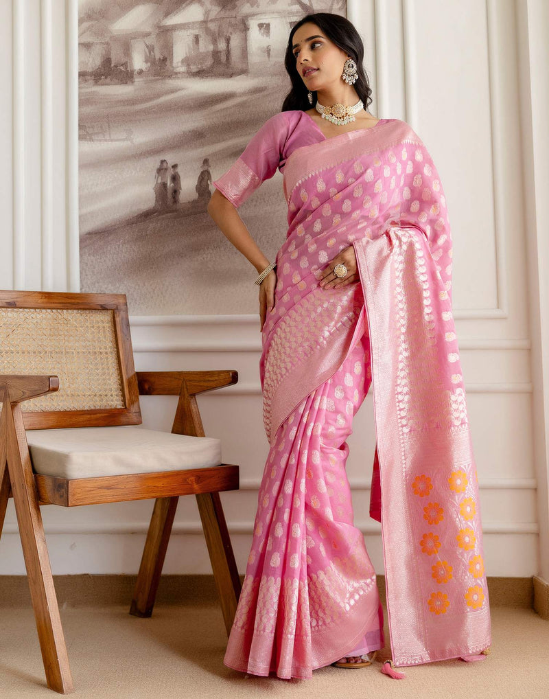 Baby Pink Chanderi Woven Saree