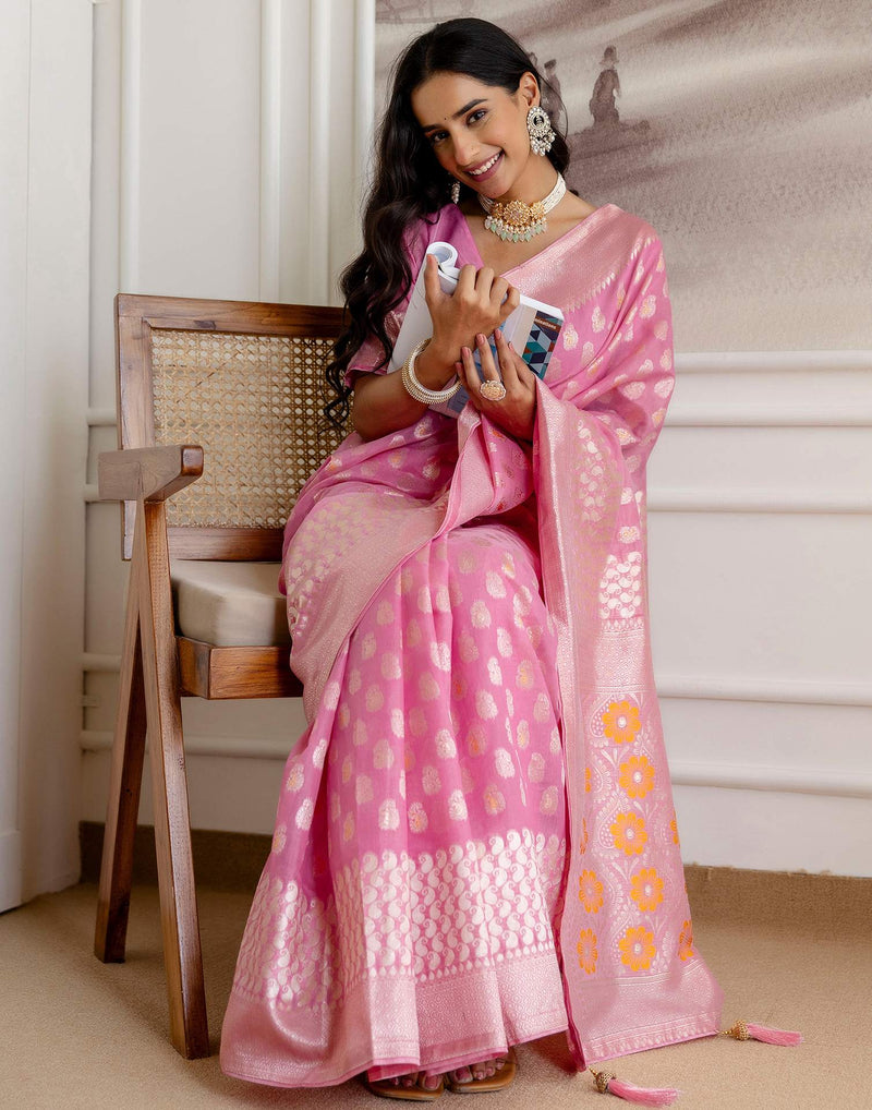 Baby Pink Chanderi Woven Saree