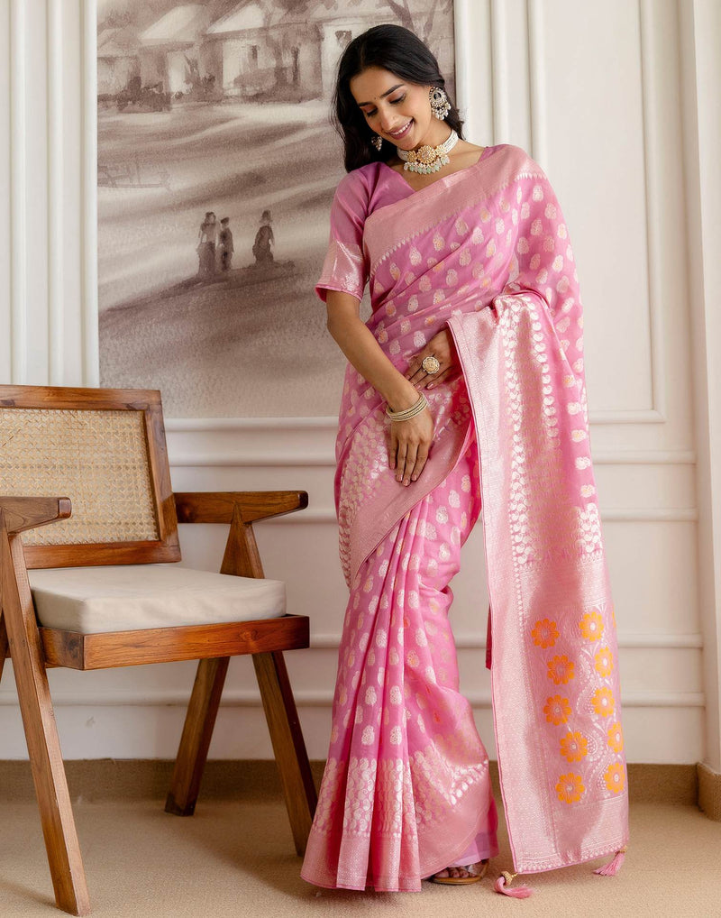 Baby Pink Chanderi Woven Saree