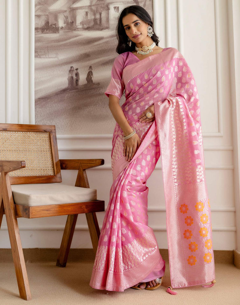 Baby Pink Chanderi Woven Saree