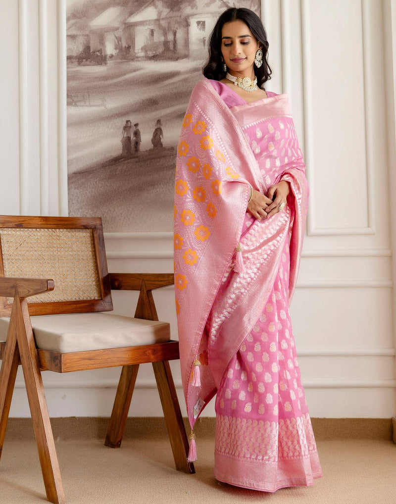 Baby Pink Chanderi Woven Saree