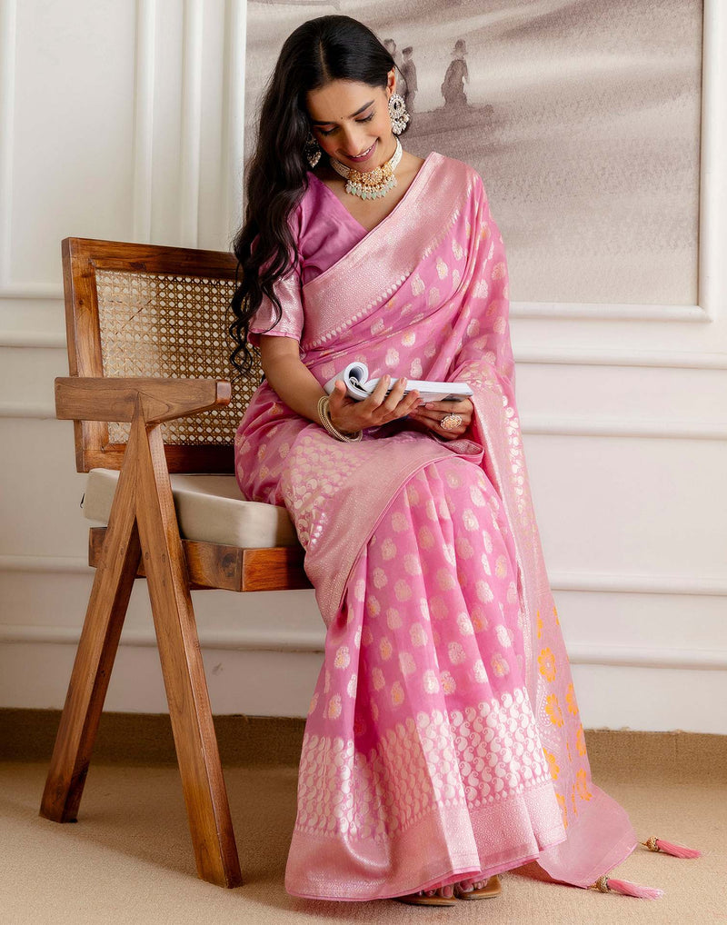 Baby Pink Chanderi Woven Saree
