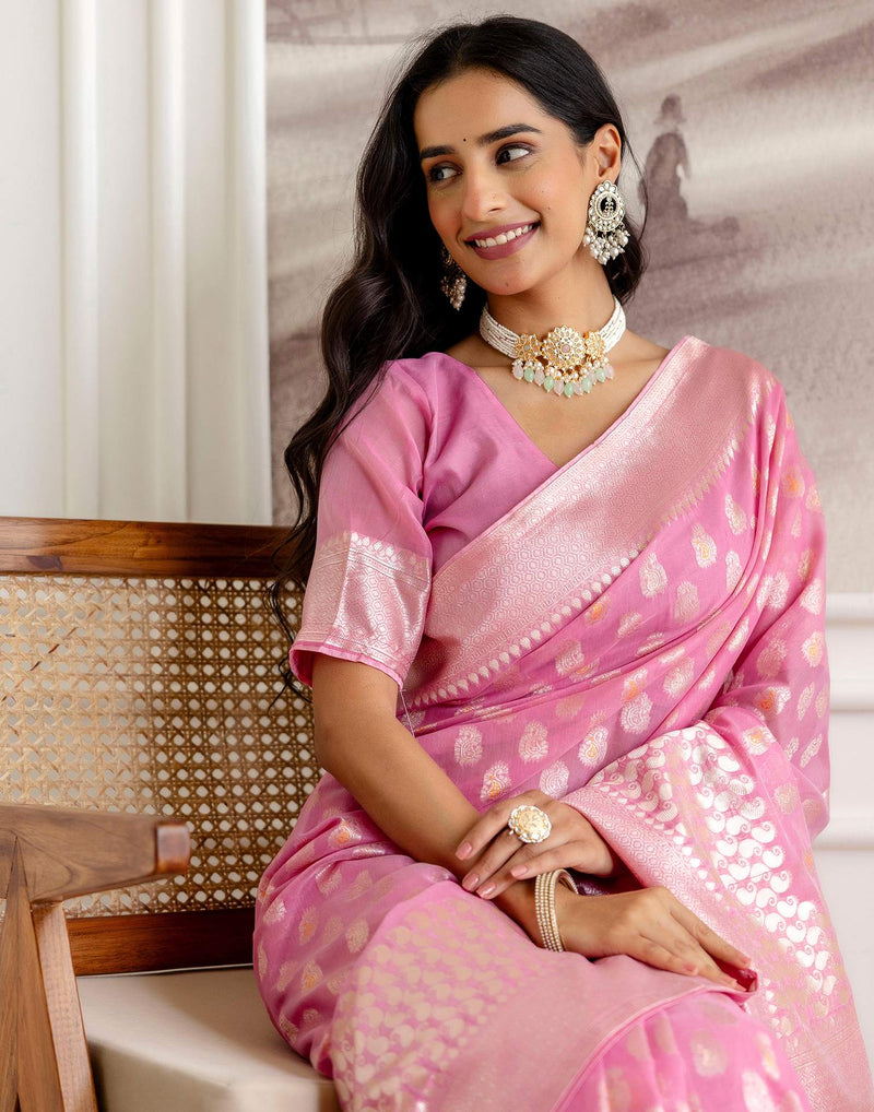 Baby Pink Chanderi Woven Saree