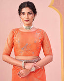 Light Orange Shimmer Net Embroidery Swarovski Saree