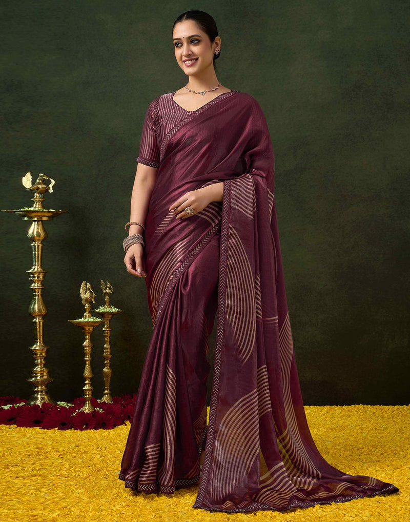 Wine Organza Printed Swarovski Saree