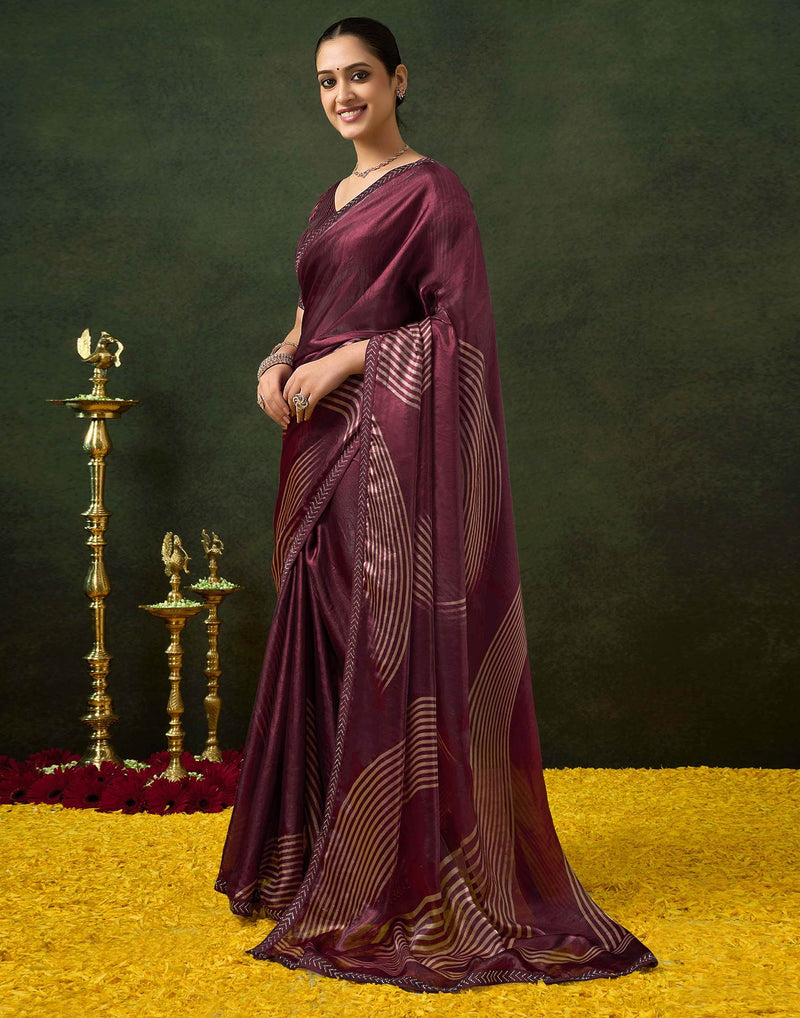 Wine Organza Printed Swarovski Saree