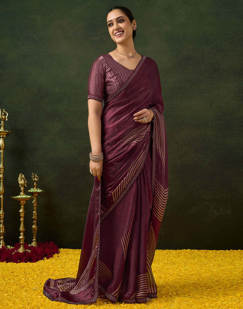 Wine Organza Printed Swarovski Saree