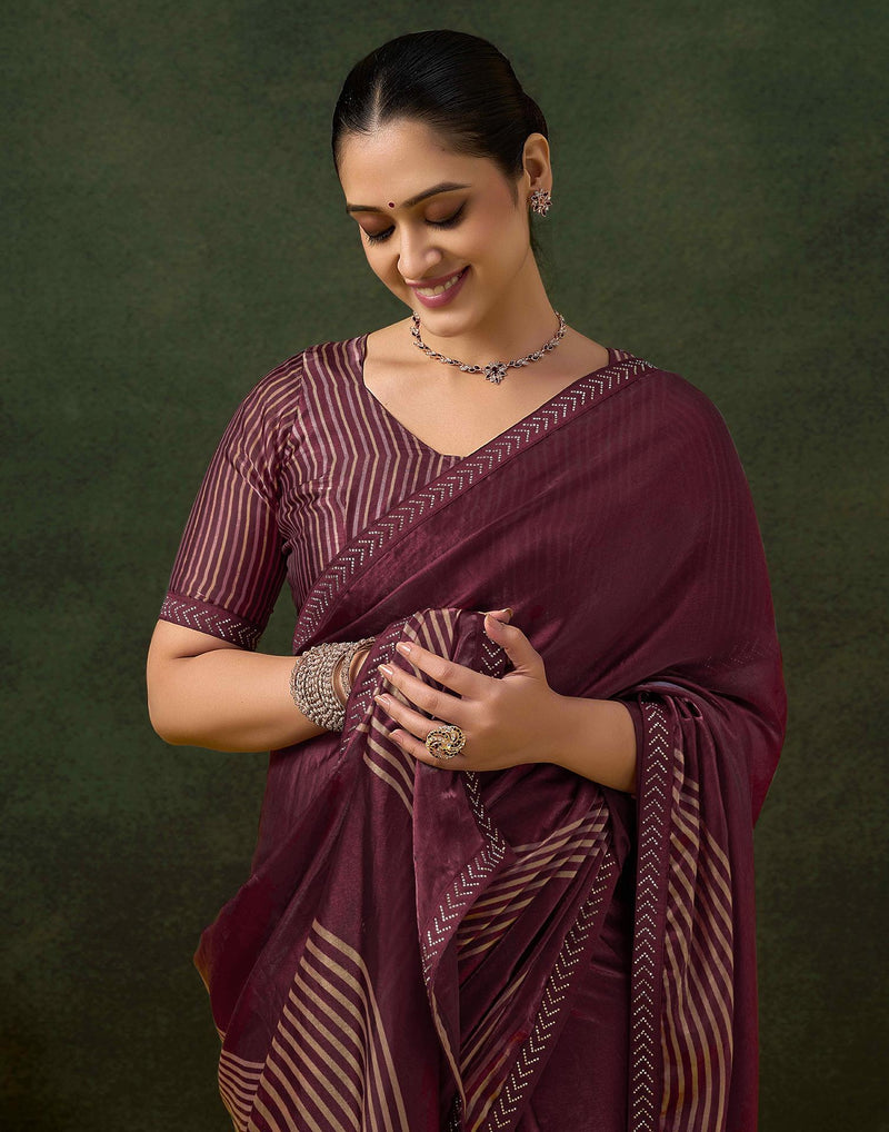 Wine Organza Printed Swarovski Saree