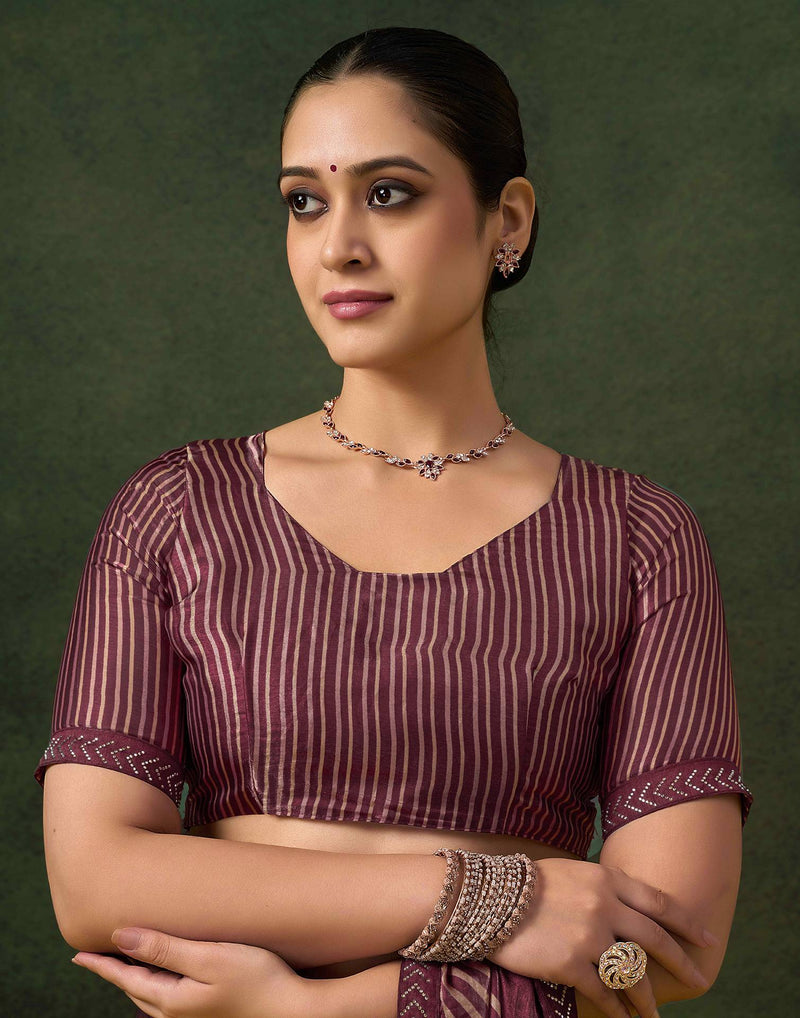 Wine Organza Printed Swarovski Saree