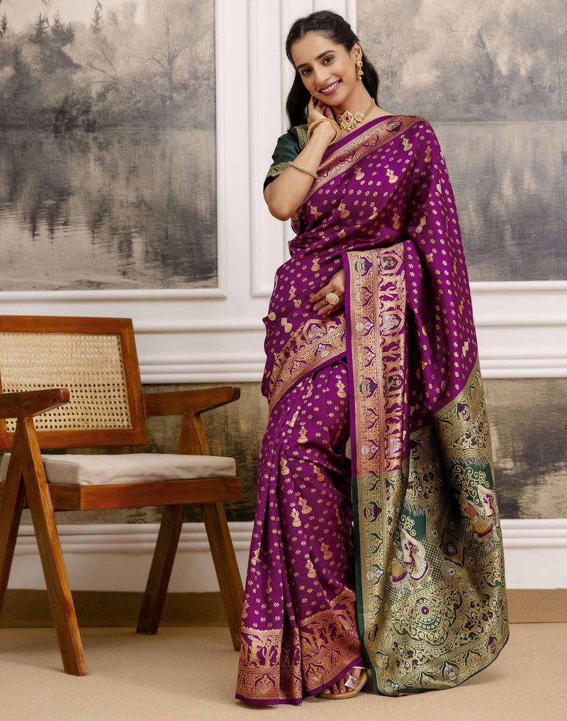 Wine Silk Woven Saree