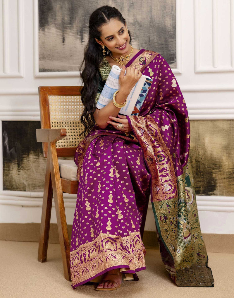 Wine Silk Woven Saree
