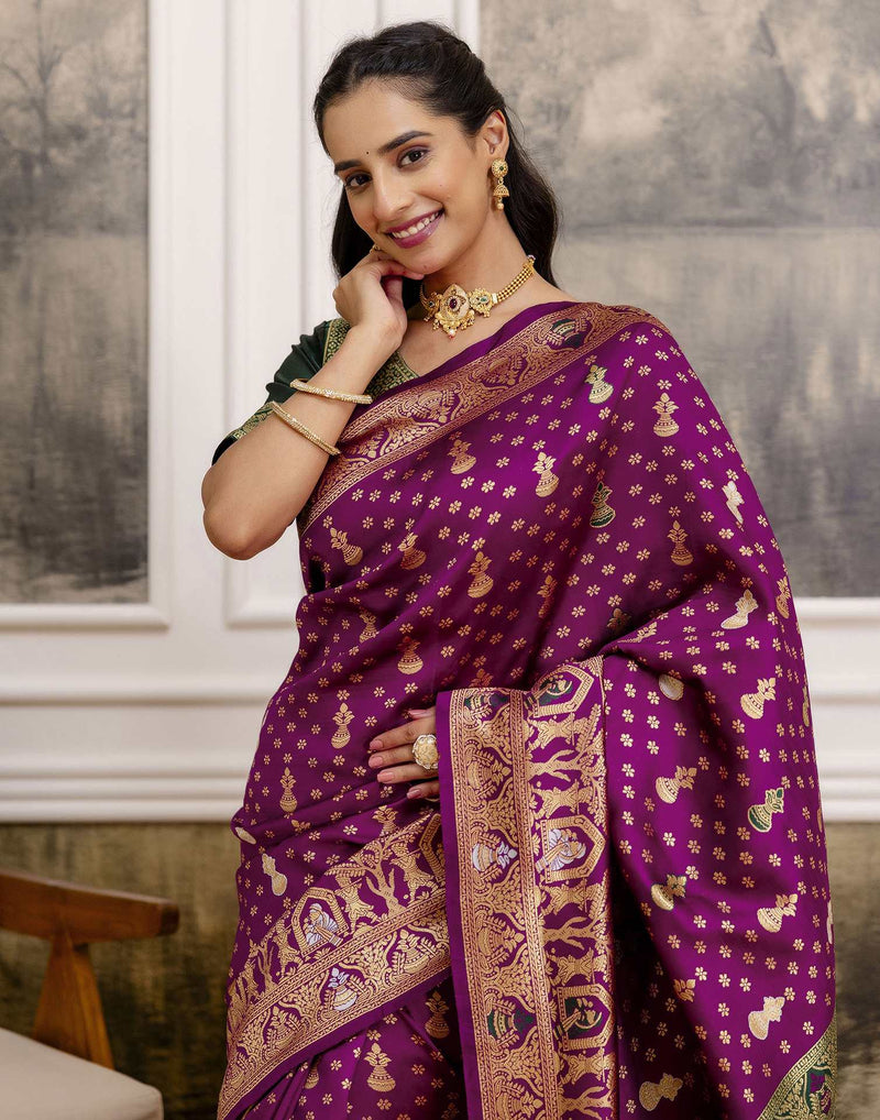 Wine Silk Woven Saree