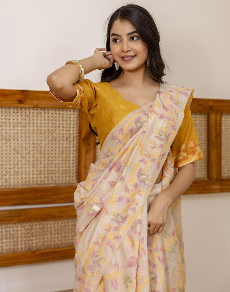 Beige Cotton Woven Saree