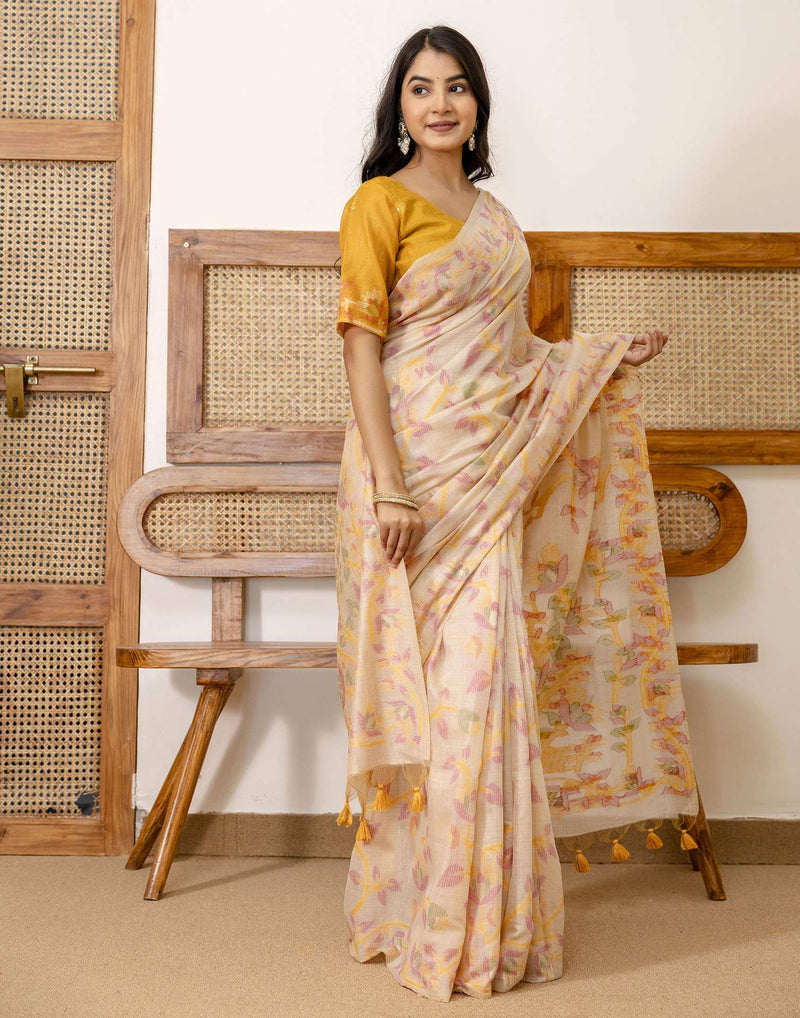 Beige Cotton Woven Saree